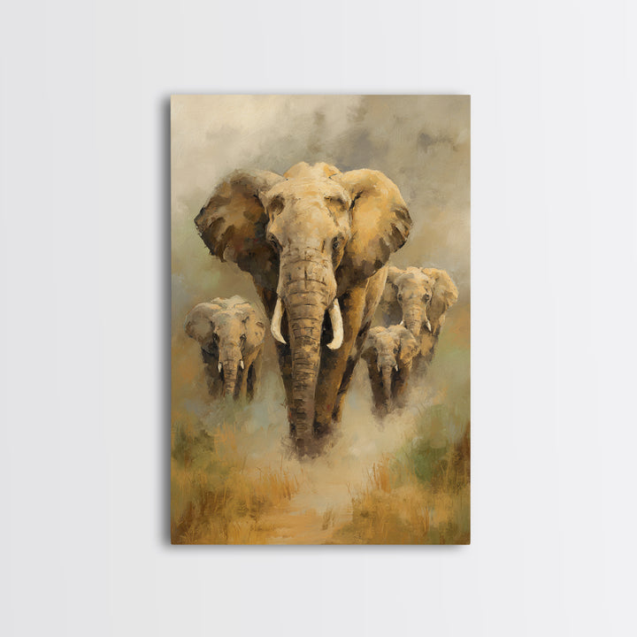 Elephant Family Walking Through Dusty Golden Light Framed Canvas Print, Animal Art, Printable, Living Room Decor, Creature, ANI-2x3-94