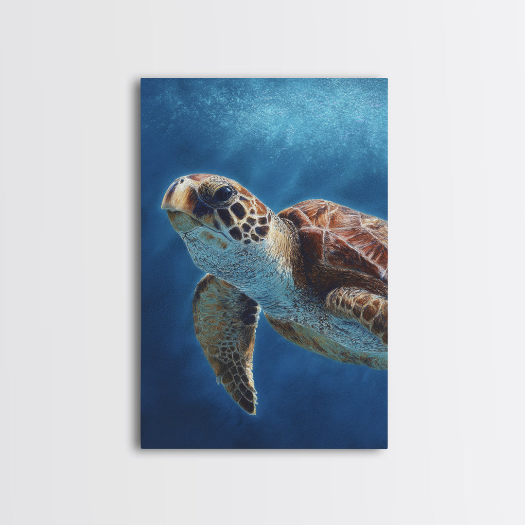 Sea Turtle Drifting Through Luminous Blue Water Framed Canvas Print, Animal Art, Living Room Decor, Watercolor Art, Creature, ANI-2x3-98