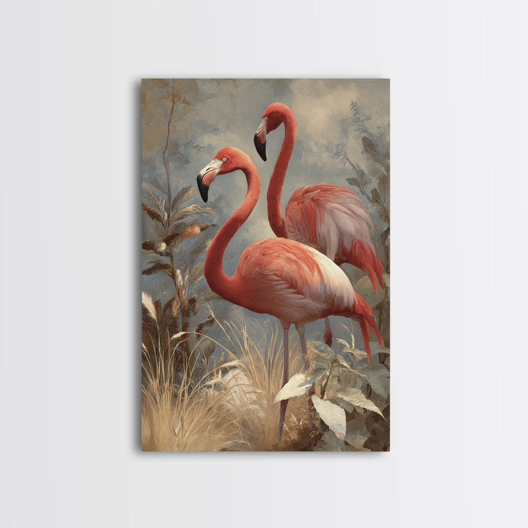 Flamingo Pair in Elegant Coral and Cream Canvas Print, Animal Art, Nursery Decor, Living Room Decor, Fine Art, Creature, ANI-2x3-99