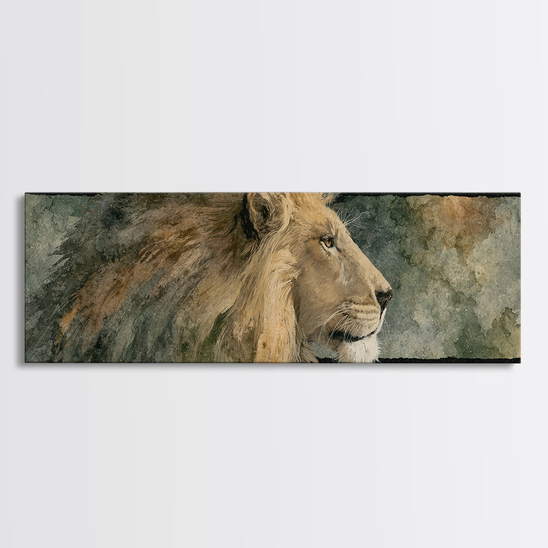 Regal Lion Profile Framed Canvas Print, Animal Art, Art Deco, Living Room Decor, Creature, Cat Art, Safari Nursery Decor, ANI-3x1-1