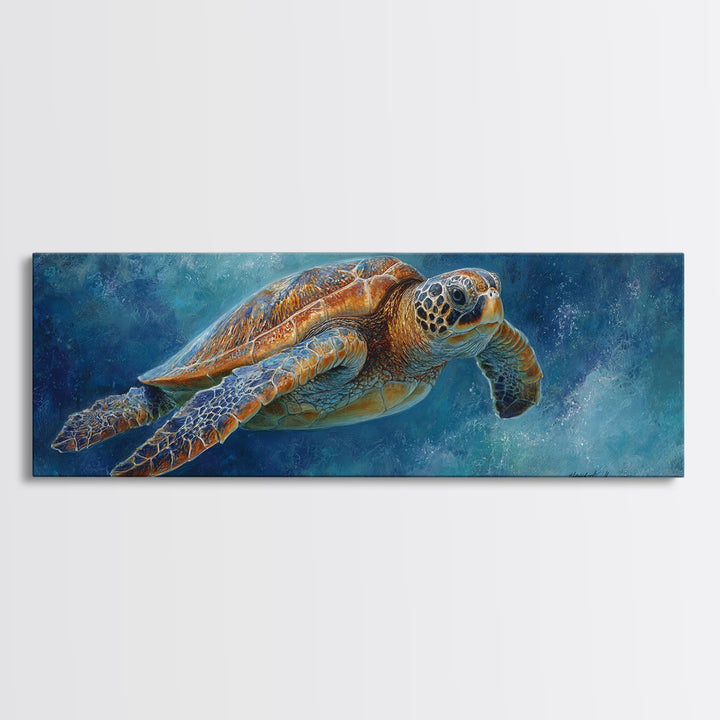 Sea Turtle Drifting Through Luminous Blue Water Framed Canvas Print, Animal Art, Home Decor, Living Room Decor, Creature, ANI-3x1-10
