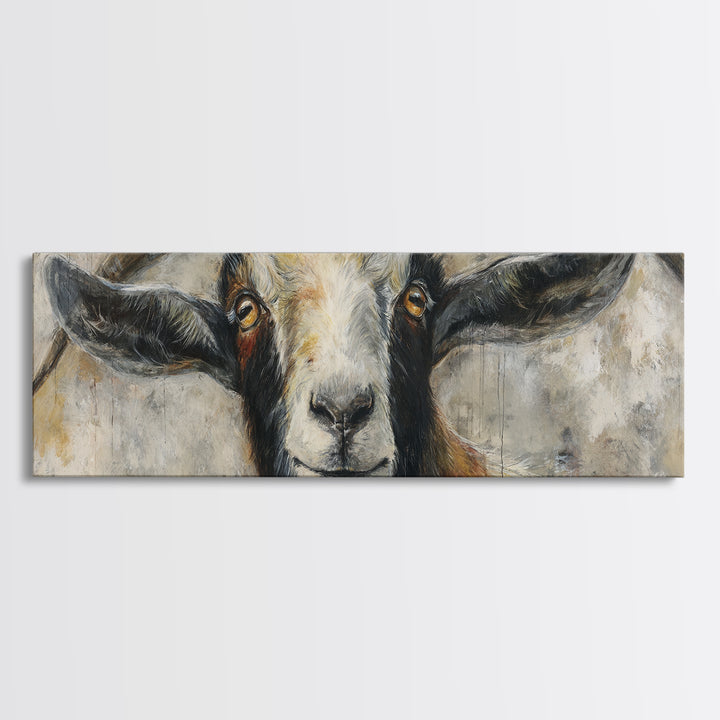 Goat Portrait with Rustic Folk Art Personality Canvas Print, Animal Art, Oil Painting, Living Room Decor, Fine Art, Creature, ANI-3x1-13