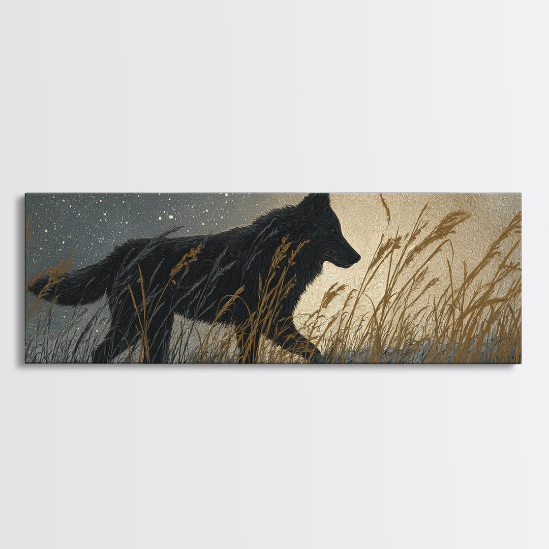 Wolf Silhouette Beneath a Star Filled Sky Canvas Print, Animal Art, Colorful Wall Art, Living Room Decor, Fine Art, Creature, ANI-3x1-14
