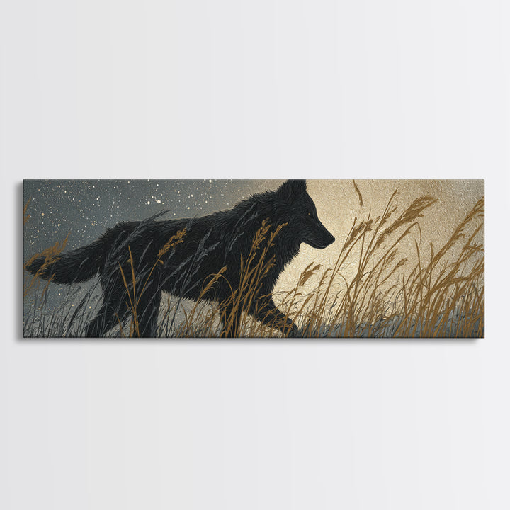 Wolf Silhouette Beneath a Star Filled Sky Canvas Print, Animal Art, Colorful Wall Art, Living Room Decor, Fine Art, Creature, ANI-3x1-14