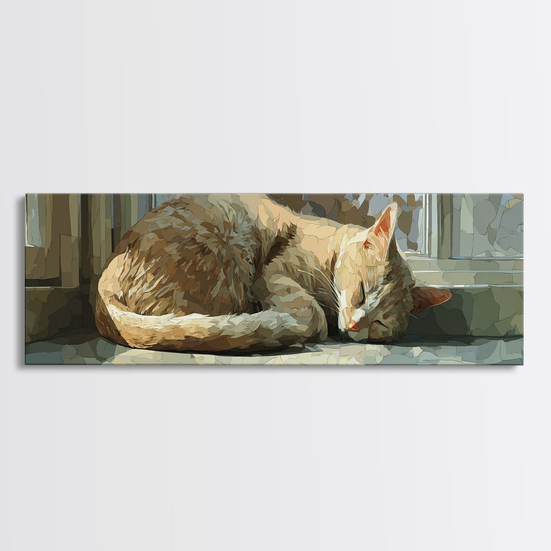 Sleeping Cat Curled Framed Canvas Print, Animal Art, Trendy Wall Art, Living Room Decor, Oil Painting, Creature, ANI-3x1-28