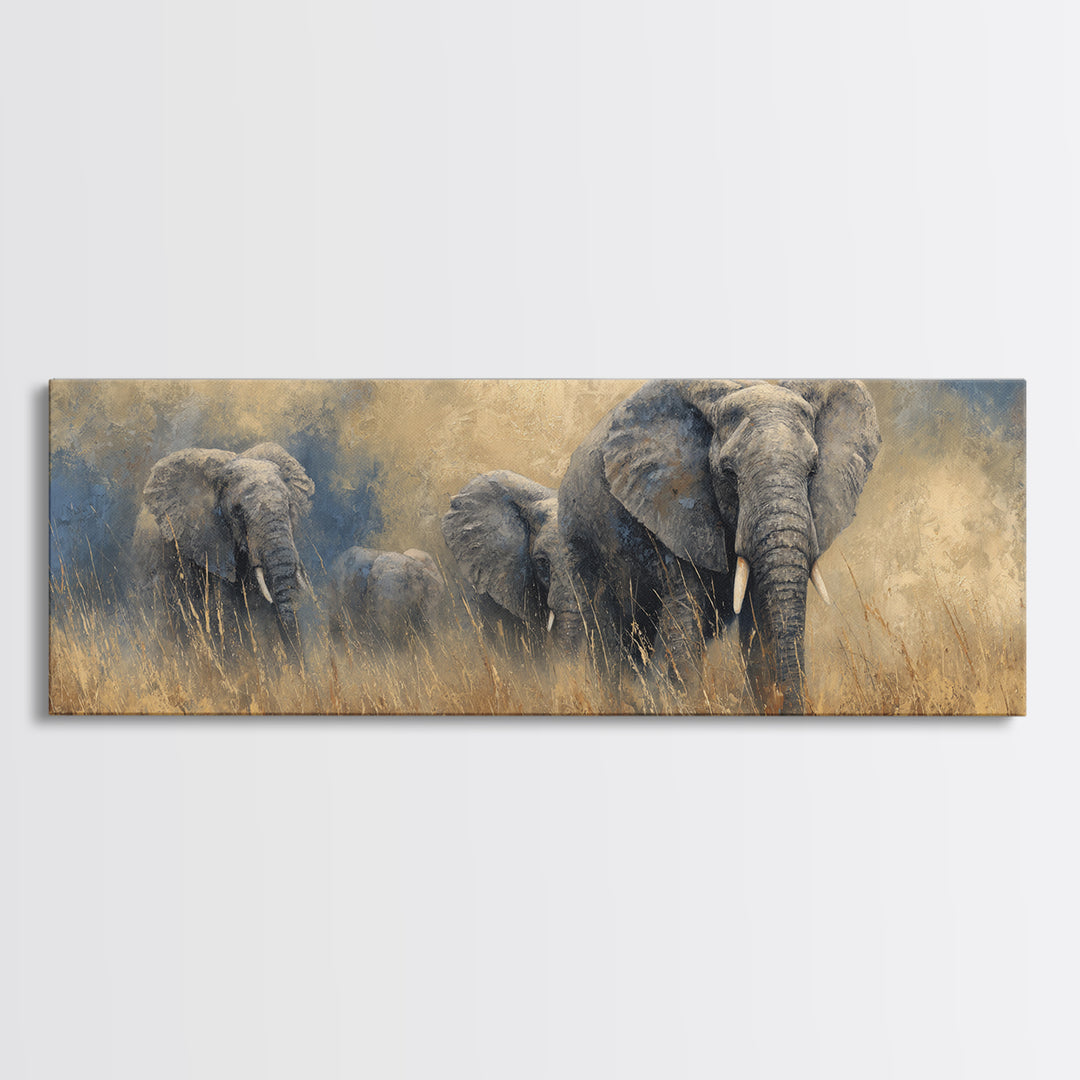 Elephant Family Walking Through Dusty Golden Light Canvas Print, Animal Art, Wall Art, Living Room Decor, Fine Art, Creature, ANI-3x1-30