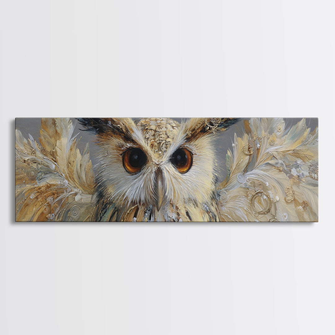 Owl with Moonlit Feathers and Celestial Accents Canvas Print, Animal Art, Luxury Decor, Living Room Decor, Abstract Art, ANI-3x1-31