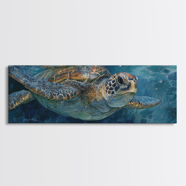 Sea Turtle Drifting Through Luminous Blue Water Canvas Print, Animal Art, Digital Art, Living Room Decor, Abstract Art, ANI-3x1-34
