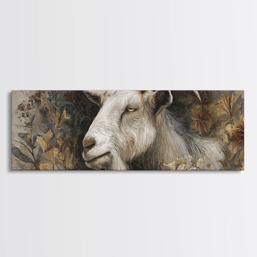 Goat Portrait with Rustic Folk Art Personality Framed Canvas Print, Animal Art, Digital Print, Living Room Decor, Creature, ANI-3x1-37