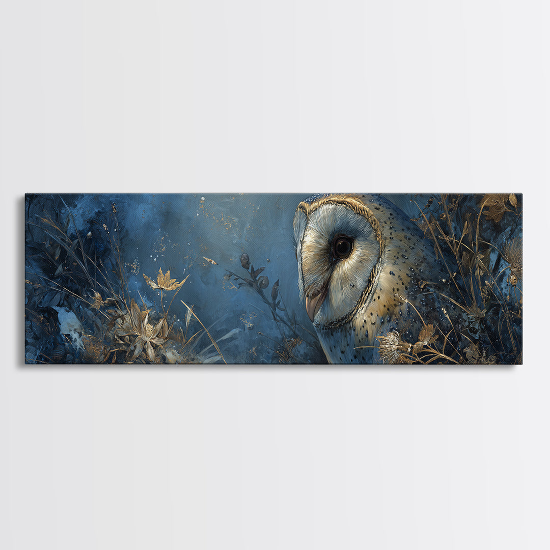 Owl with Moonlit Feathers and Celestial Accents Framed Canvas Print, Animal Art, Contemporary Art, Living Room Decor, Creature, ANI-3x1-55