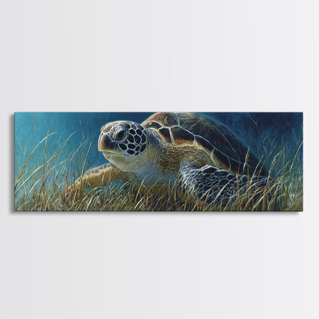 Sea Turtle Drifting Through Luminous Blue Water Framed Canvas Print, Animal Art, Nursery Decor, Living Room Decor, Creature, ANI-3x1-58