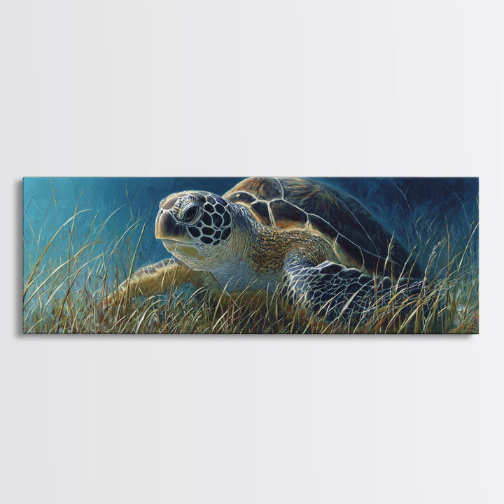 Sea Turtle Drifting Through Luminous Blue Water Framed Canvas Print, Animal Art, Nursery Decor, Living Room Decor, Creature, ANI-3x1-58
