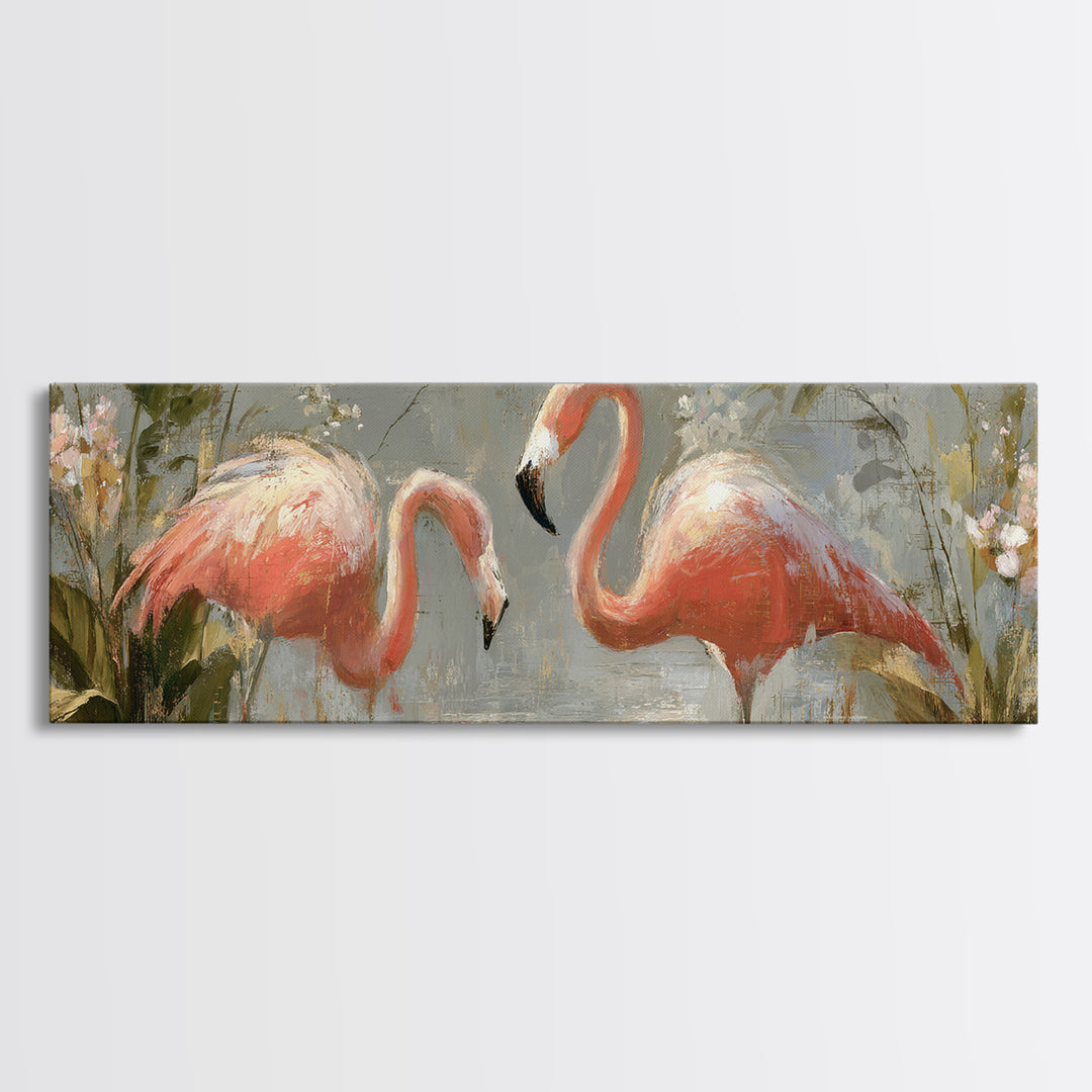 Flamingo Pair in Elegant Coral and Cream Framed Canvas Print, Animal Art, Wall Art, Living Room Decor, Fine Art, Creature, ANI-3x1-59