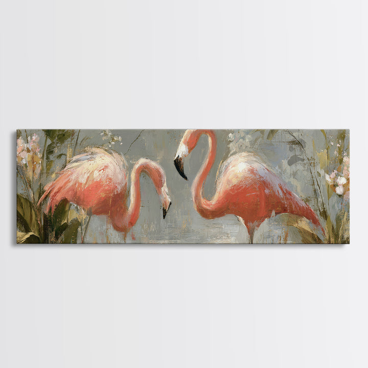Flamingo Pair in Elegant Coral and Cream Framed Canvas Print, Animal Art, Wall Art, Living Room Decor, Fine Art, Creature, ANI-3x1-59