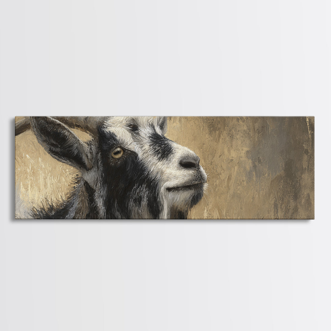 Goat Portrait with Rustic Folk Art Personality Canvas Print, Animal Art, Boho Wall Art, Living Room Decor, Oil Painting, ANI-3x1-61