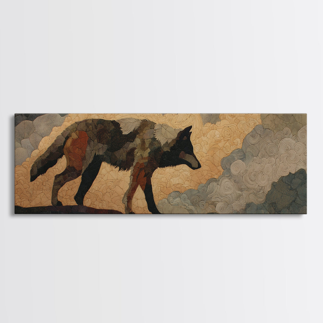 Wolf Silhouette Beneath a Star Filled Sky Canvas Print, Animal Art, Gallery Decor, Living Room Decor, Oil Painting, Creature, ANI-3x1-62