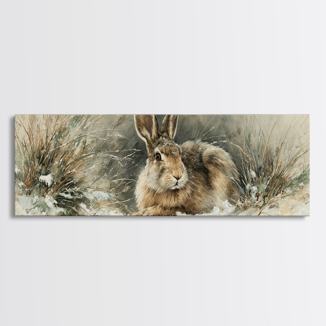 Curious Rabbit in a Soft Watercolor Meadow Framed Canvas Print, Animal Art, Modern Wall Art, Living Room Decor, Creature, ANI-3x1-69