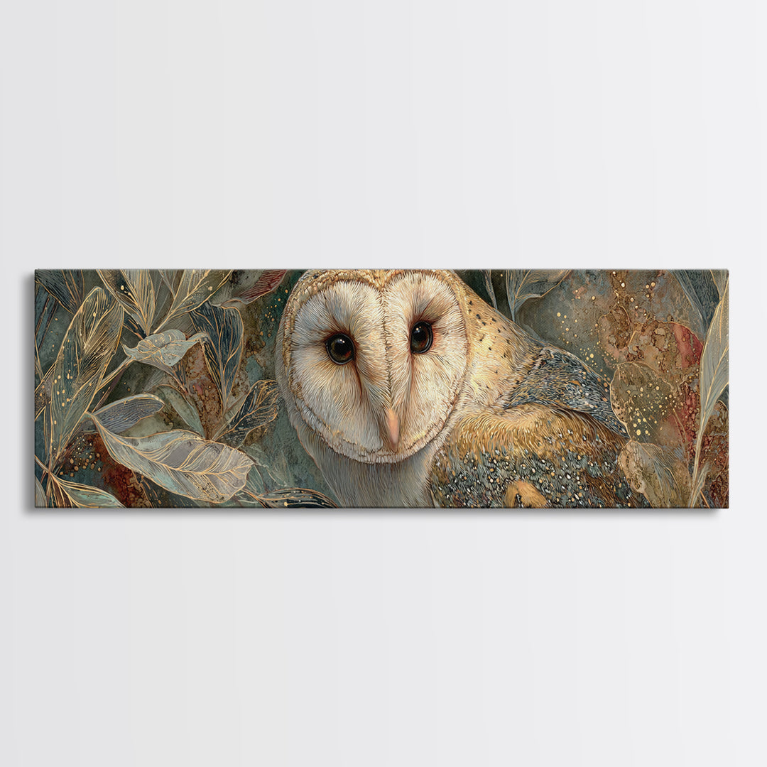 Owl with Moonlit Feathers and Celestial Accents Framed Canvas Print, Animal Art, Neutral Decor, Living Room Decor, Creature, ANI-3x1-7