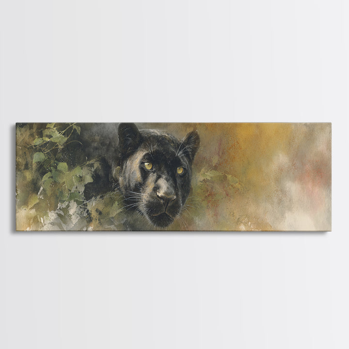 Dramatic Black Panther Emerging from Deep Jungle Canvas Print, Animal Art, Art Print, Living Room Decor, Oil Painting, Creature, ANI-3x1-70
