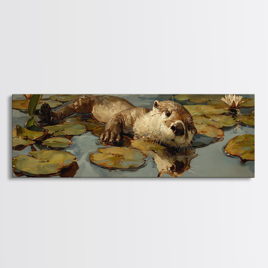 Playful Otter Floating Among Lily Pads Framed Canvas Print, Animal Art, Wall Art, Living Room Decor, Fine Art, Creature, ANI-3x1-72
