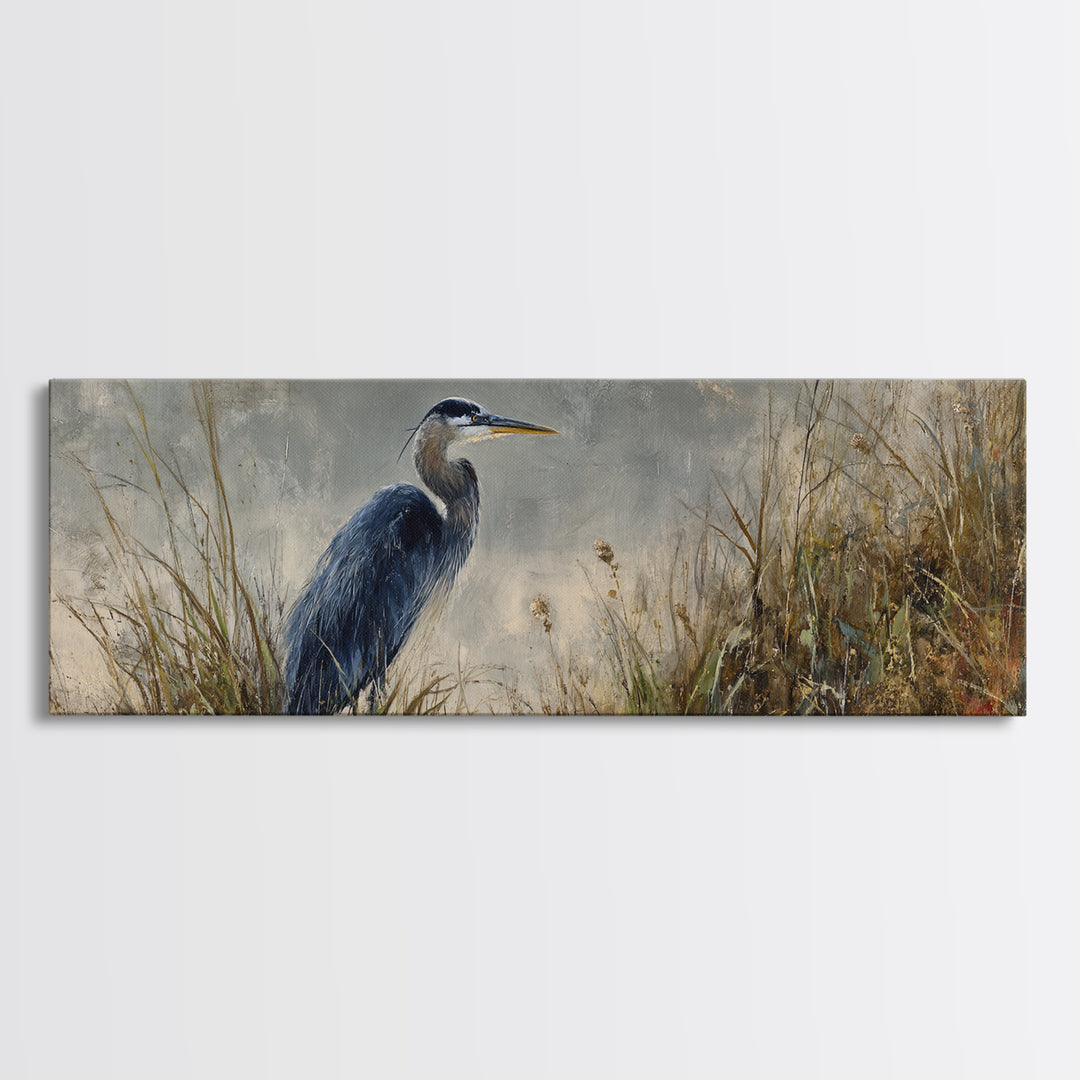 Blue Heron Standing Canvas Print, Animal Art, Original Painting, Living Room Decor, Fine Art, Creature, Boho Wall Art, ANI-3x1-75
