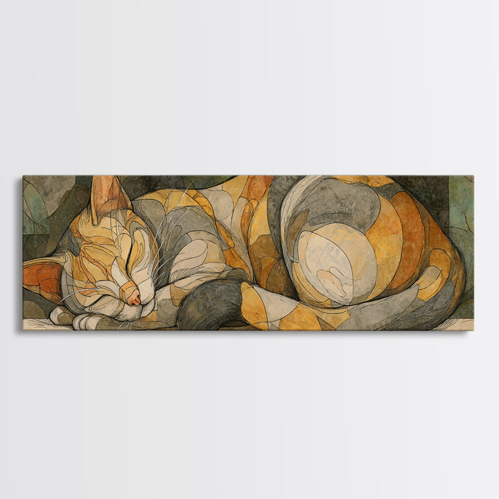 Sleeping Cat Curled Canvas Print, Animal Art, Home Decor, Living Room Decor, Fine Art, Creature, Art Deco, Original Art, ANI-3x1-76