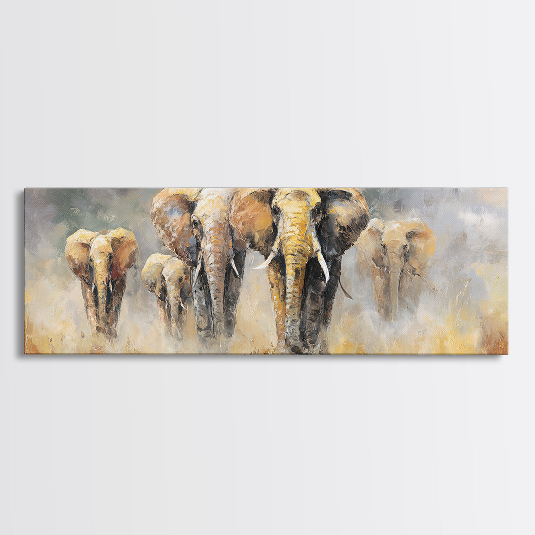 Elephant Family Walking Through Dusty Golden Light Canvas Print, Animal Art, Art, Living Room Decor, Fine Art, Creature, ANI-3x1-78