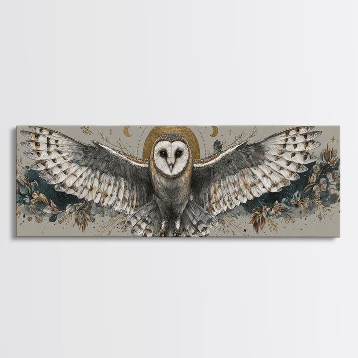 Owl with Moonlit Feathers and Celestial Accents Framed Canvas Print, Animal Art, Oil Painting, Living Room Decor, Creature, ANI-3x1-79