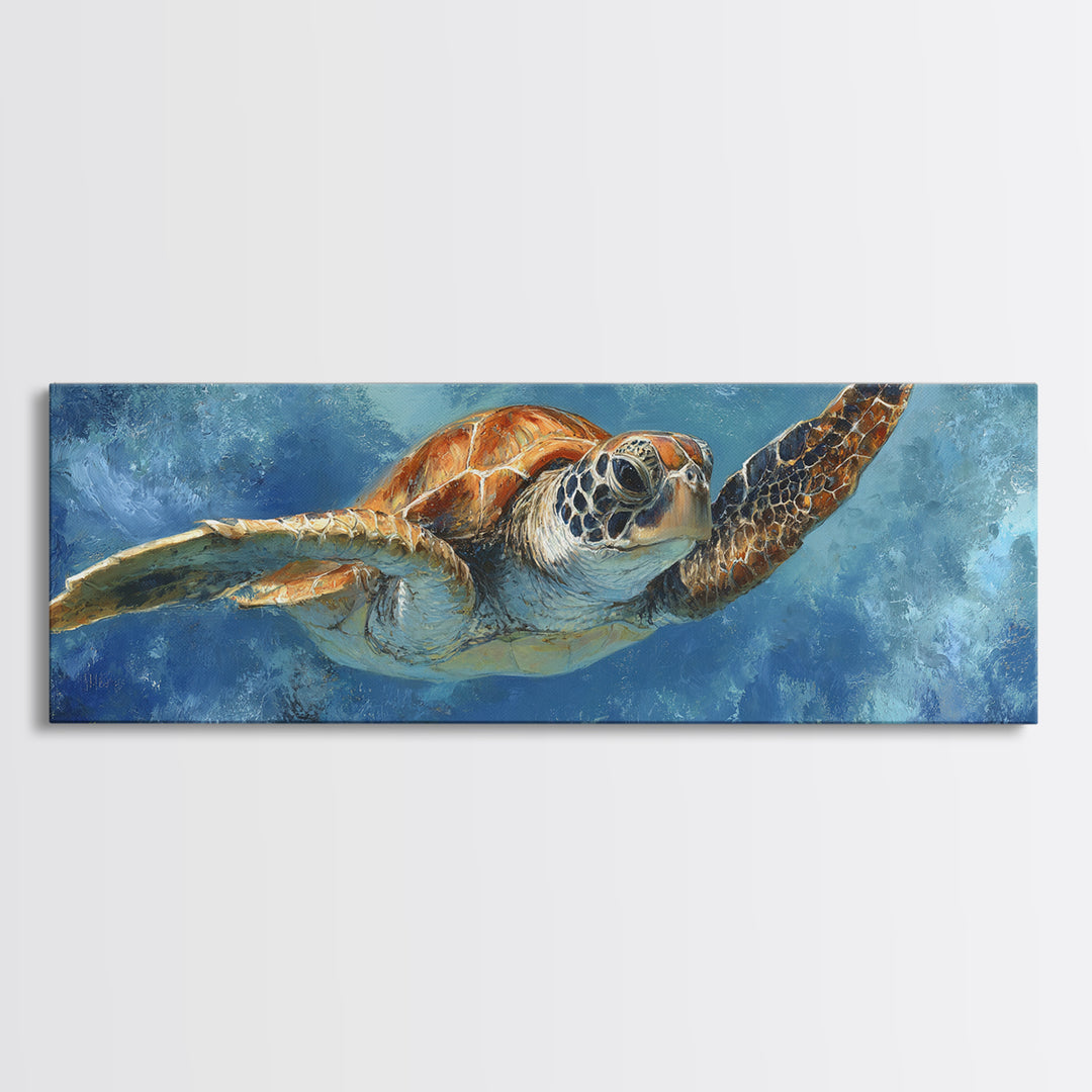 Sea Turtle Drifting Through Luminous Blue Water Framed Canvas Print, Animal Art, Nursery Decor, Living Room Decor, Creature, ANI-3x1-82