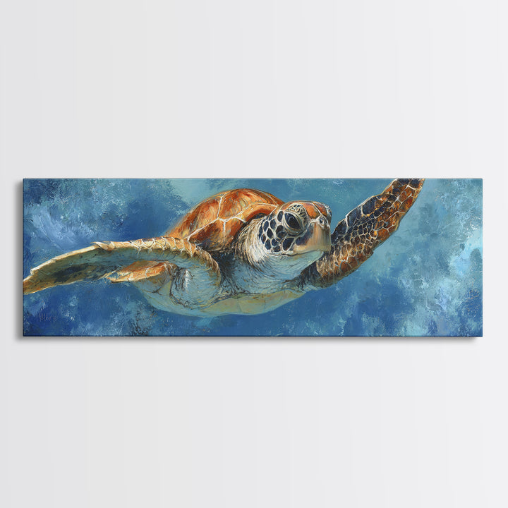 Sea Turtle Drifting Through Luminous Blue Water Framed Canvas Print, Animal Art, Nursery Decor, Living Room Decor, Creature, ANI-3x1-82