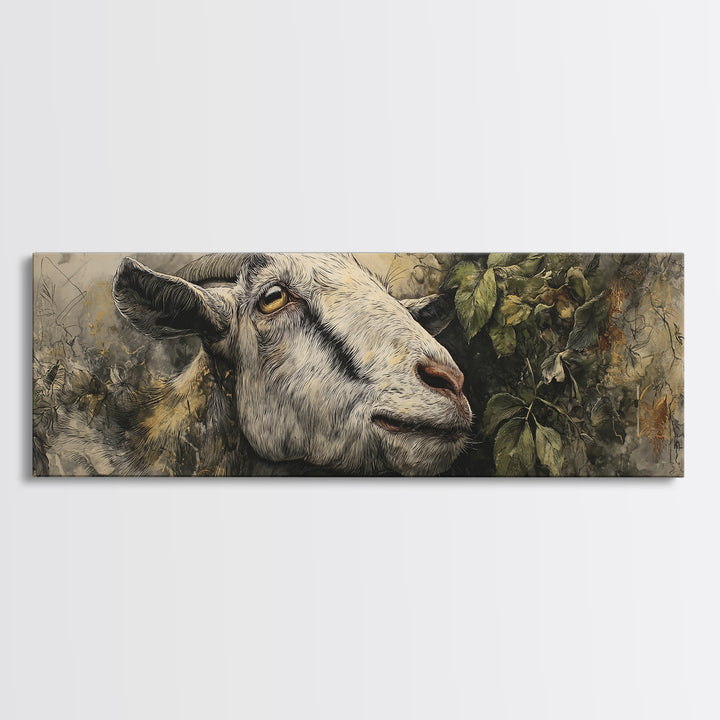 Goat Portrait with Rustic Folk Art Personality Canvas Print, Animal Art, Boho Wall Art, Living Room Decor, Oil Painting, ANI-3x1-85