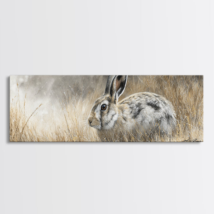 Curious Rabbit in a Soft Watercolor Meadow Canvas Print, Animal Art, Downloadable Art, Living Room Decor, Oil Painting, ANI-3x1-93