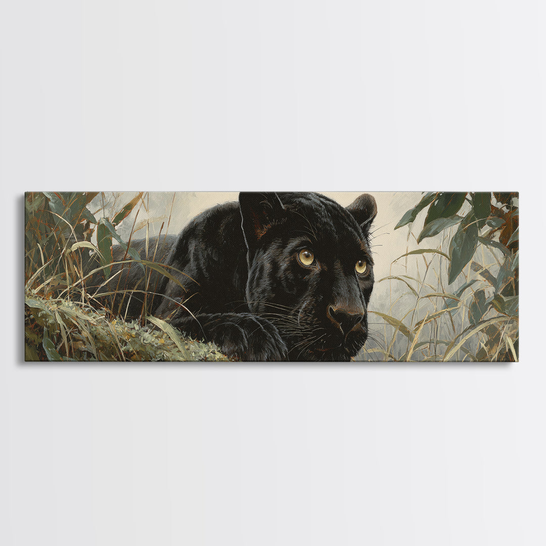Dramatic Black Panther Emerging from Deep Jungle Canvas Print, Animal Art, Printable Art, Living Room Decor, Watercolor Art, ANI-3x1-94