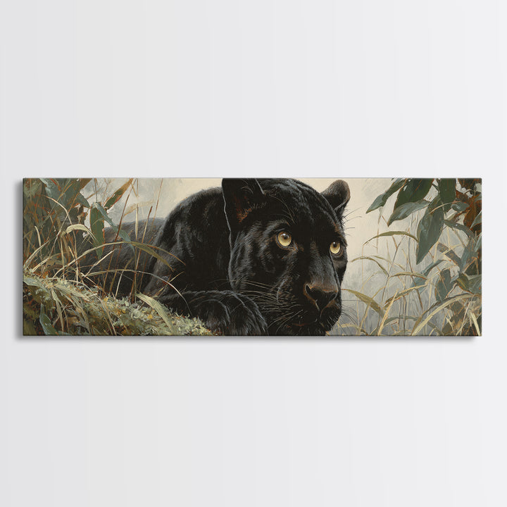 Dramatic Black Panther Emerging from Deep Jungle Canvas Print, Animal Art, Printable Art, Living Room Decor, Watercolor Art, ANI-3x1-94