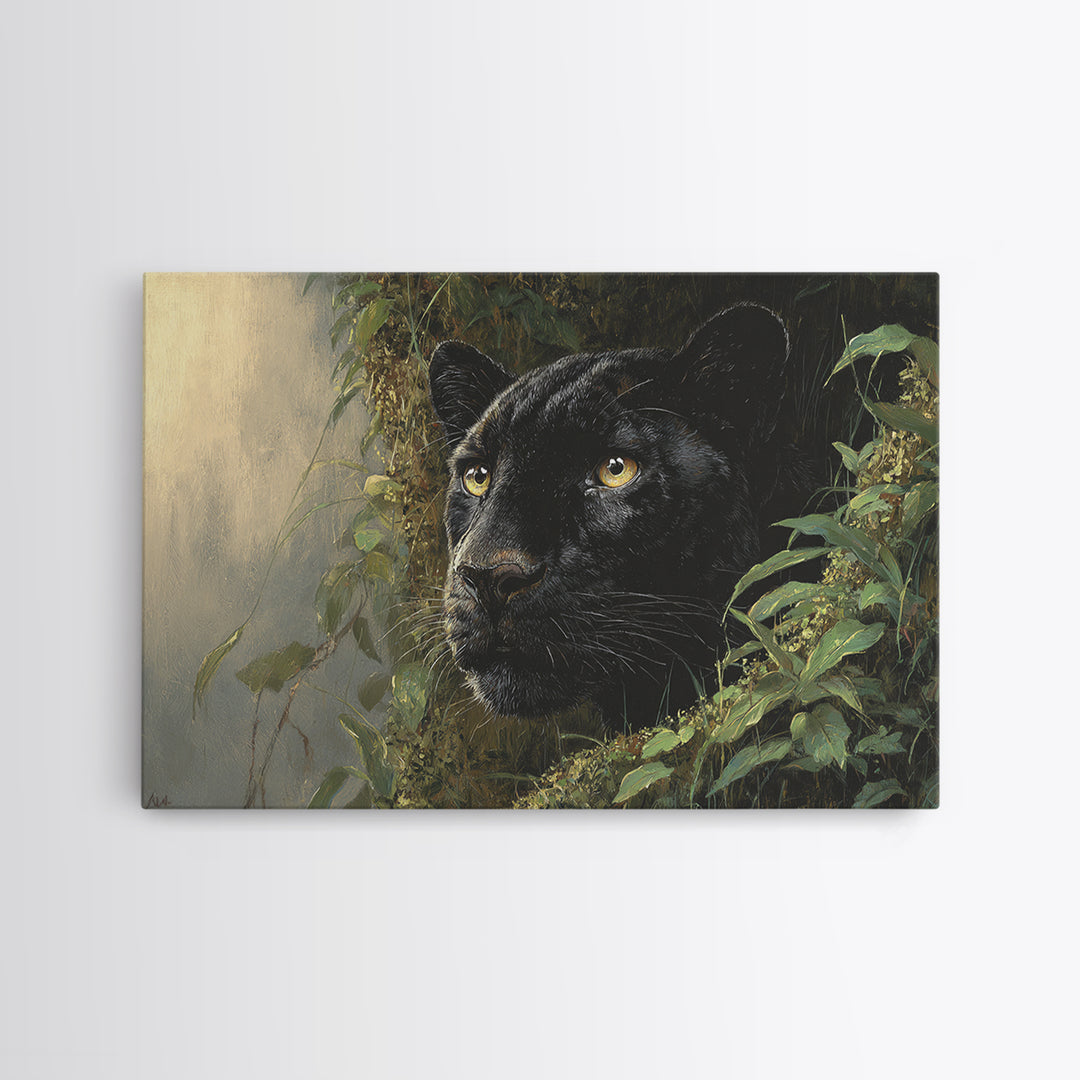 Dramatic Black Panther Emerging from Deep Jungle Canvas Print, Animal Art, Digital Wall Art, Living Room Decor, Creature, ANI-3x2-10