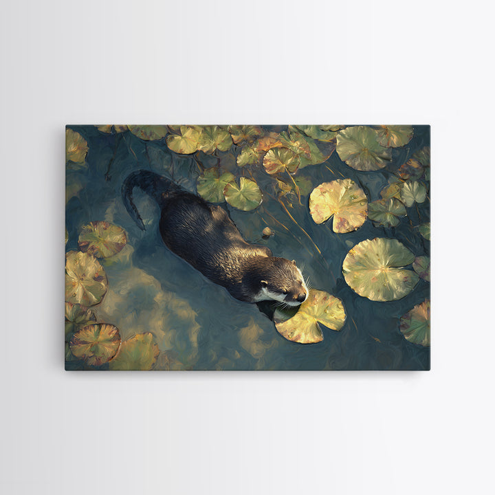 Playful Otter Floating Among Lily Pads Canvas Print, Animal Art, Nursery Decor, Living Room Decor, Fine Art, Creature, ANI-3x2-12