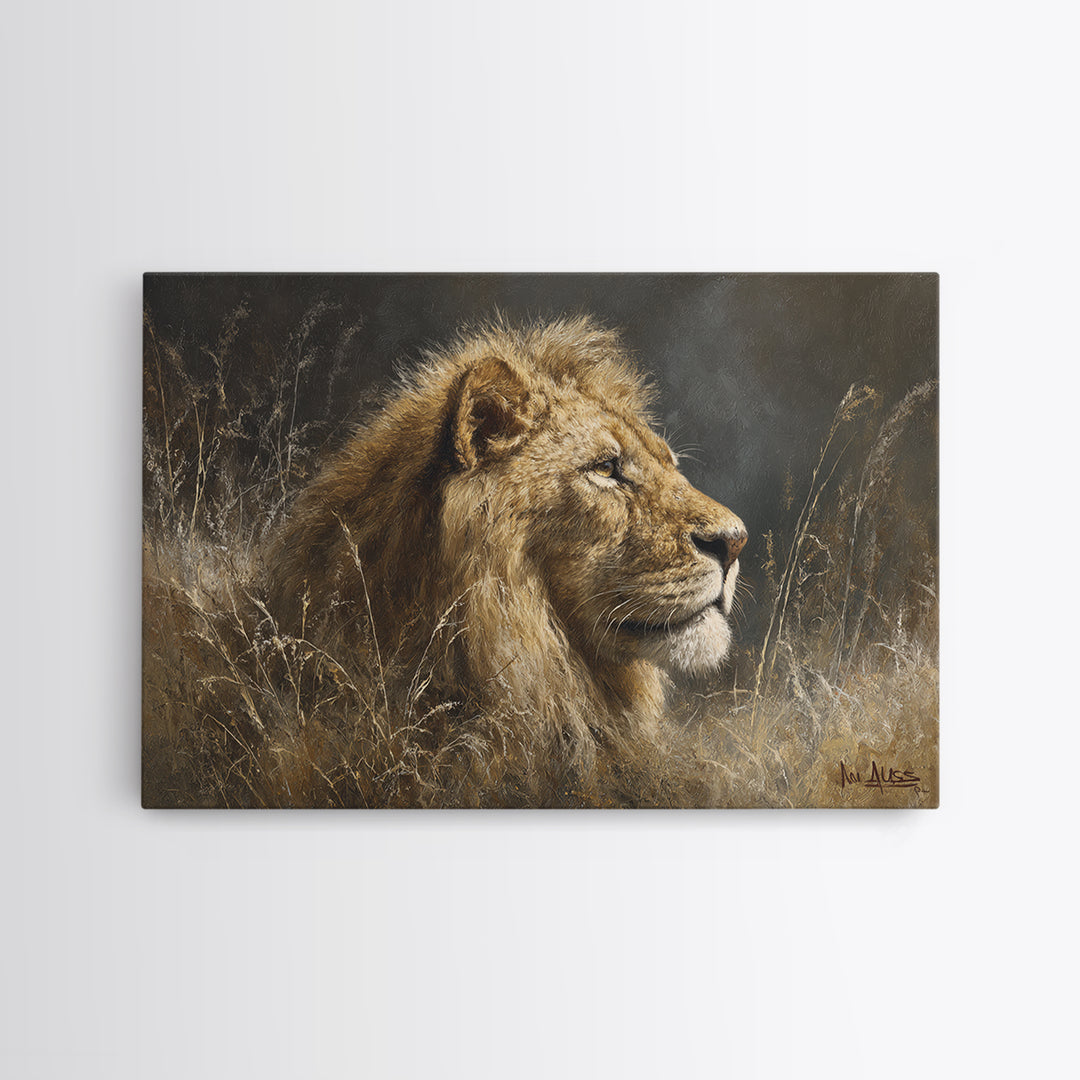 Regal Lion Profile Framed Canvas Print, Animal Art, Nursery Wall Art, Living Room Decor, Watercolor Art, Creature, ANI-3x2-13