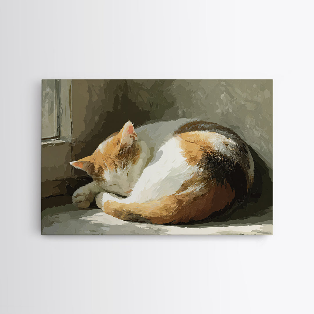 Sleeping Cat Curled Canvas Print, Animal Art, Art Deco, Living Room Decor, Watercolor Art, Creature, Cat Art, ANI-3x2-16