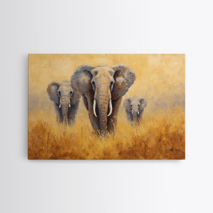 Elephant Family Walking Through Dusty Golden Light Framed Canvas Print, Animal Art, Printable, Living Room Decor, Creature, ANI-3x2-18