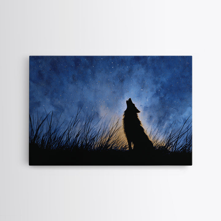 Wolf Silhouette Beneath a Star Filled Sky Framed Canvas Print, Animal Art, Decor, Living Room Decor, Fine Art, Creature, ANI-3x2-2