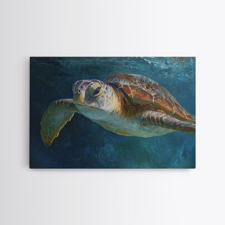 Sea Turtle Drifting Through Luminous Blue Water Canvas Print, Animal Art, Living Room Decor, Oil Painting, Creature, ANI-3x2-22