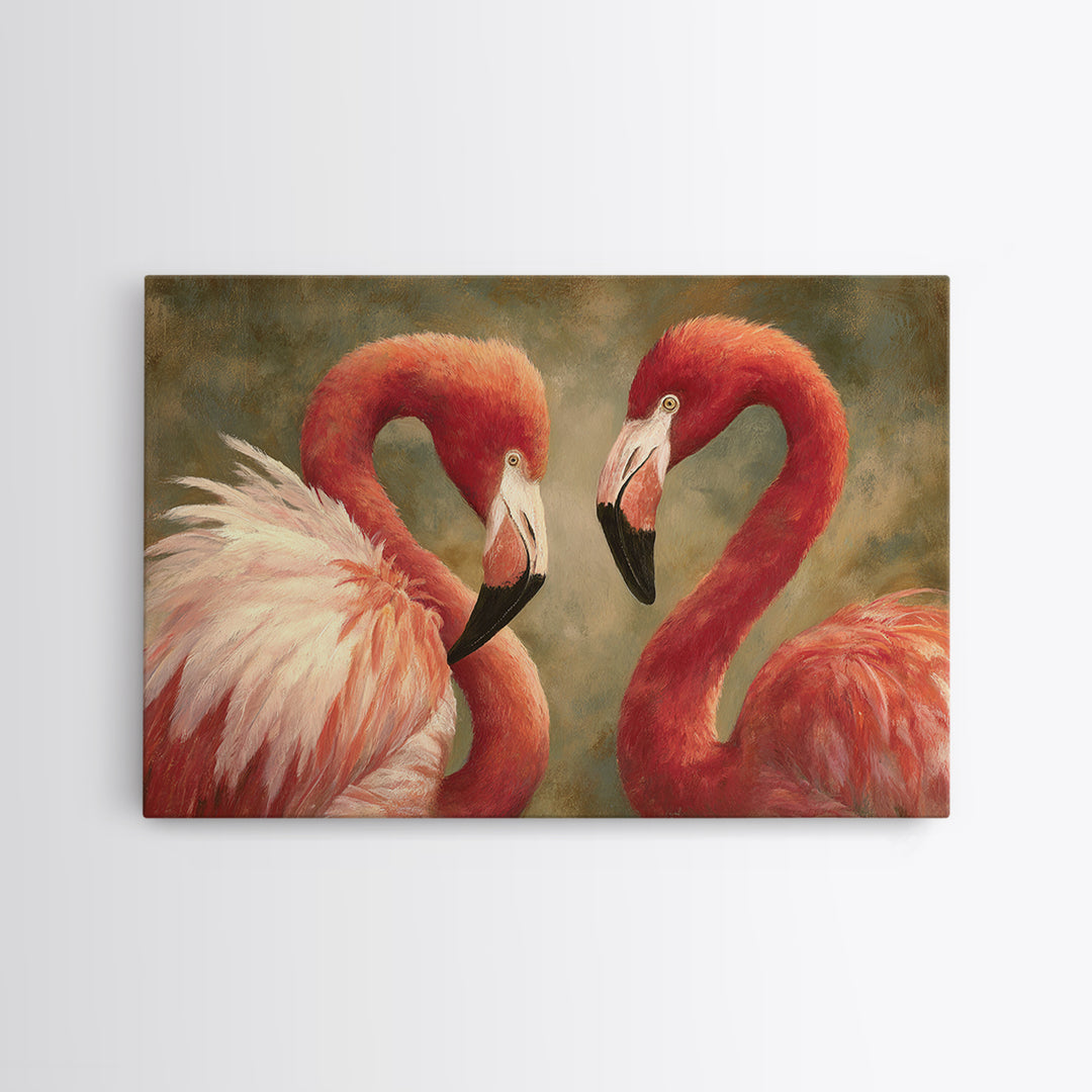 Flamingo Pair in Elegant Coral and Cream Framed Canvas Print, Animal Art, Digital Print, Living Room Decor, Fine Art, Creature, ANI-3x2-23