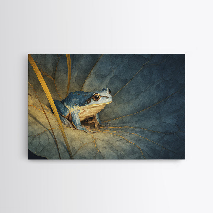 Frog on a Lotus Leaf Framed Canvas Print, Animal Art, Nursery Wall Art, Living Room Decor, Fine Art, Creature, Trendy Wall Art, ANI-3x2-24