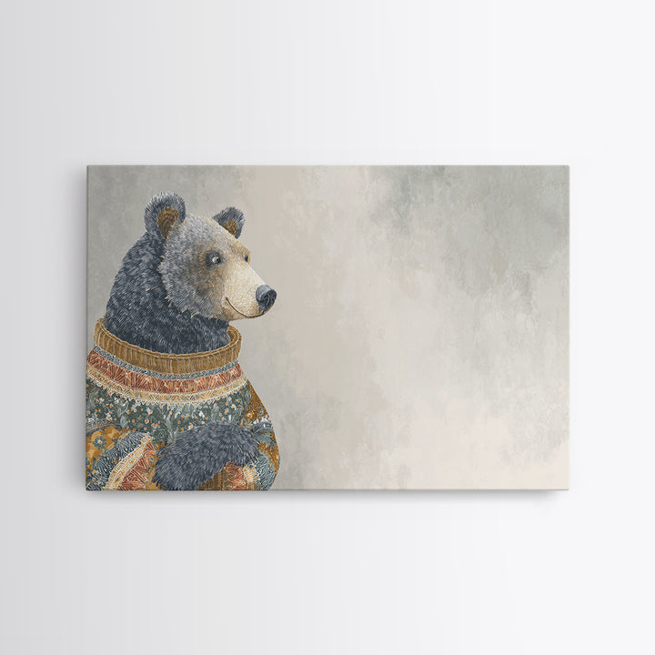 Whimsical Bear in a Patterned Sweater with Canvas Print, Animal Art, Digital Print, Living Room Decor, Fine Art, Creature, ANI-3x2-30