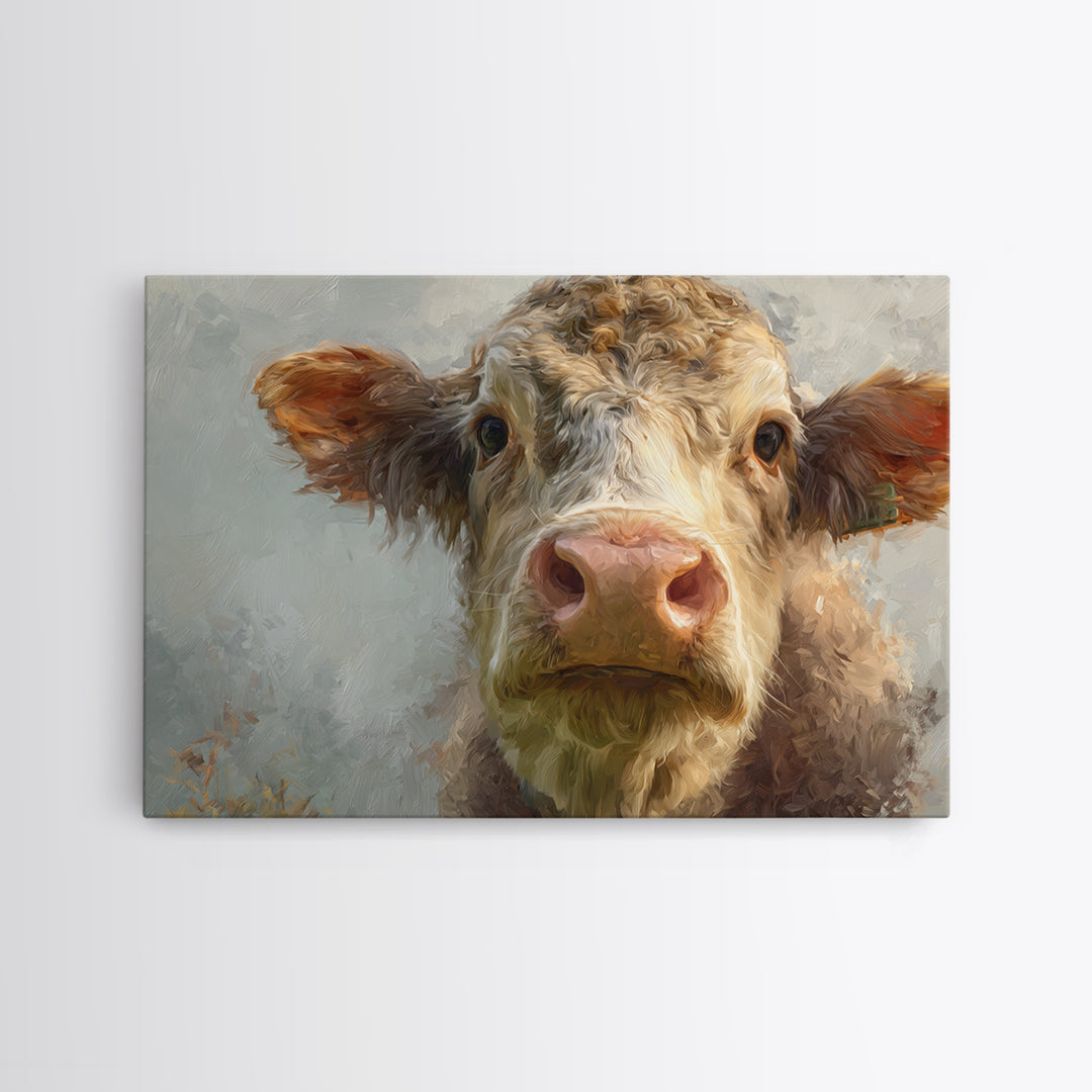 Gentle Cow Portrait Framed Canvas Print, Animal Art, Safari Nursery Decor, Living Room Decor, Oil Painting, Creature, ANI-3x2-35