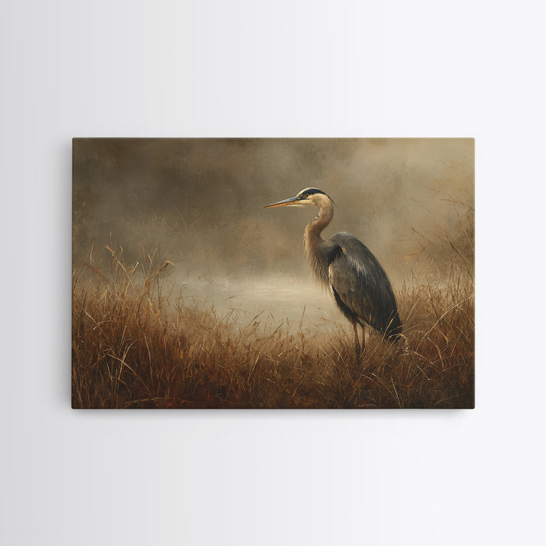 Blue Heron Standing Framed Canvas Print, Animal Art, Neutral Decor, Living Room Decor, Fine Art, Creature, Wall Art, Home Decor, ANI-3x2-39