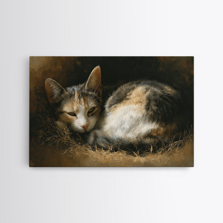 Sleeping Cat Curled Framed Canvas Print, Animal Art, Farmhouse Decor, Living Room Decor, Oil Painting, Creature, Neutral Decor, ANI-3x2-40
