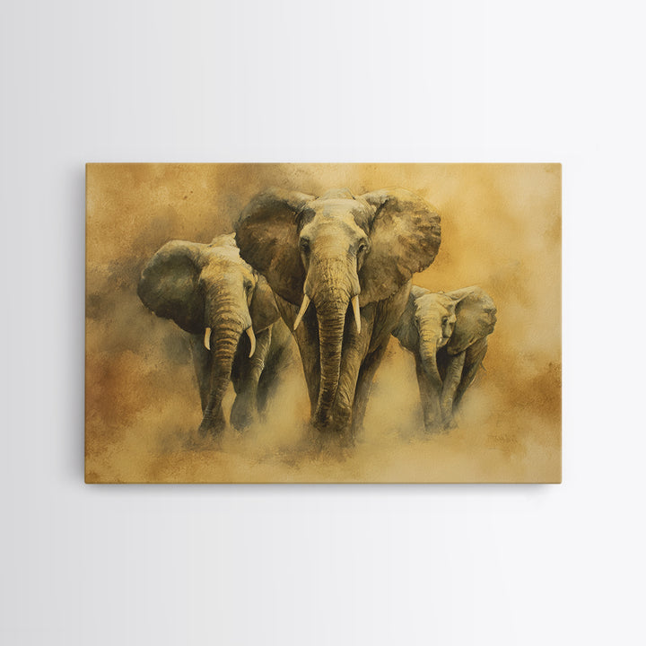 Elephant Family Walking Through Dusty Golden Light Canvas Print, Animal Art, Art Deco, Living Room Decor, Fine Art, Creature, ANI-3x2-42