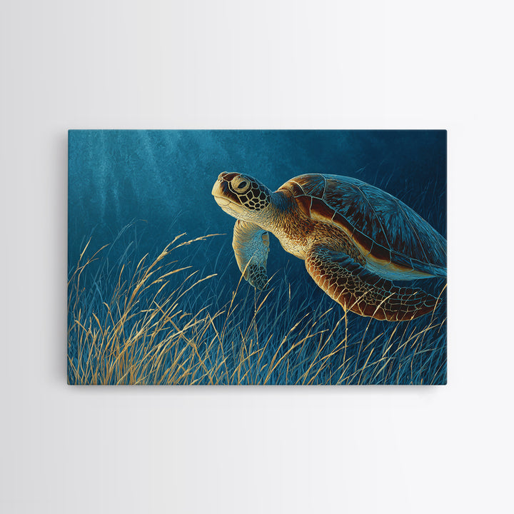 Sea Turtle Drifting Through Luminous Blue Water Framed Canvas Print, Animal Art, Original Art, Living Room Decor, Creature, ANI-3x2-46