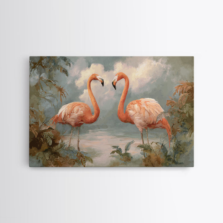 Flamingo Pair in Elegant Coral and Cream Framed Canvas Print, Animal Art, Room Decor, Living Room Decor, Oil Painting, Creature, ANI-3x2-47